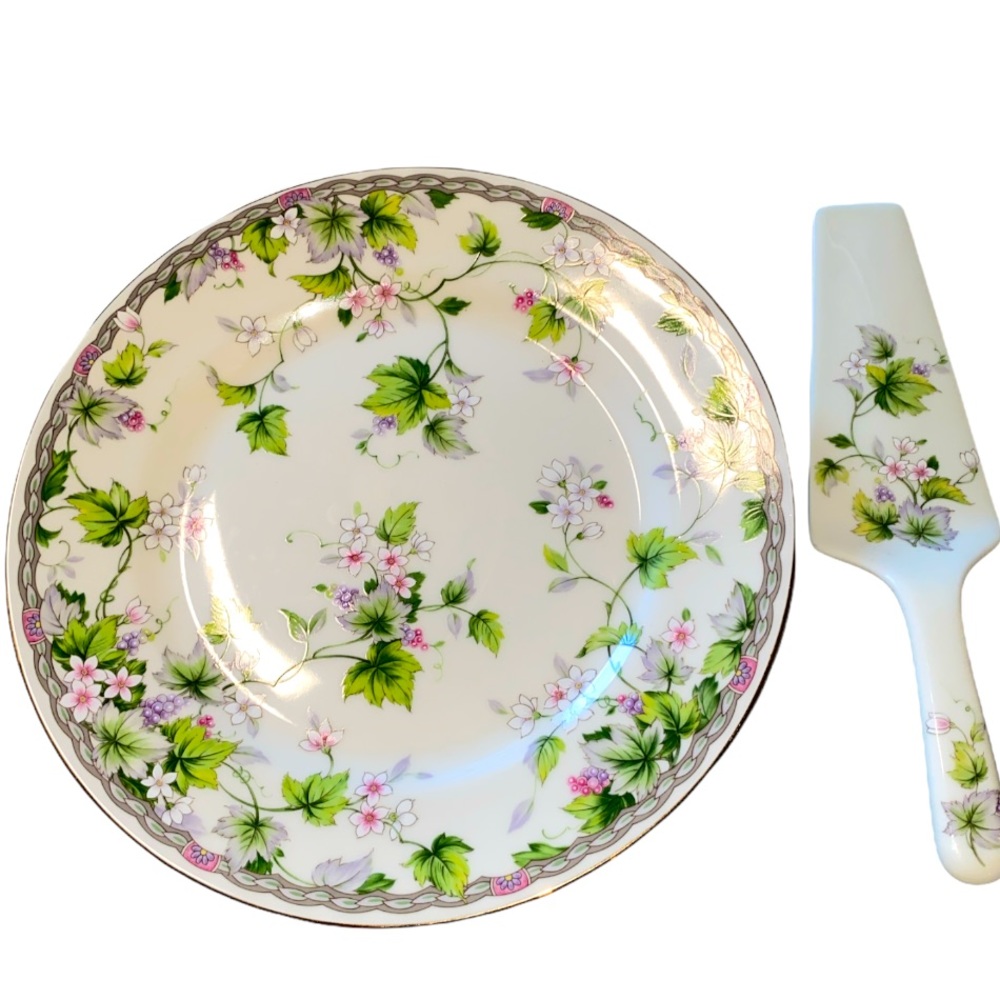 🆕-Never Used Andrea By Sadek Fine Porcelain Cake Plate/Server Set